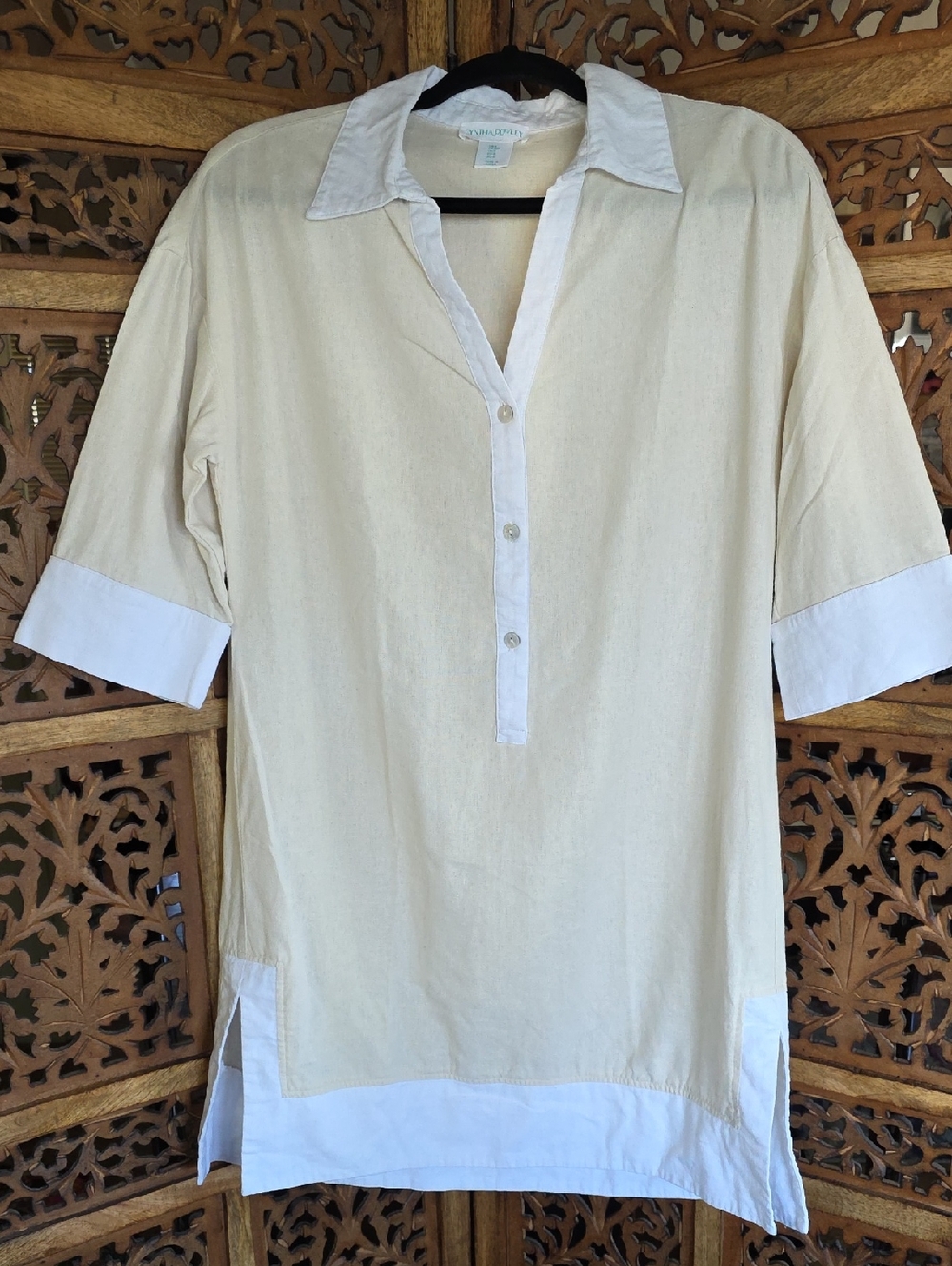 Cynthia Rowley Cream and White Contrast-Trim Linen Blend Dress